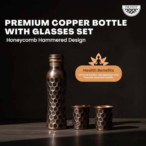 Image of Copper Water Bottle 1 Ltr | Copper Water Bottle with Glass Set | Meena Work | 100% Pure | Leak-Proof | 2 Water Glass 300ml each | Best for Gifting (Antique Design)
