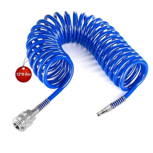 SRJQXH 5m Tuyau Air Comprimé, Spirale Tuyau Compresseur D'air, Diamètre 12x8 mm Flexible Compresseur Air, Bleu, avec Connecteur, pour la Maison, L'atelier, L'atelier de Réparation Automobile
