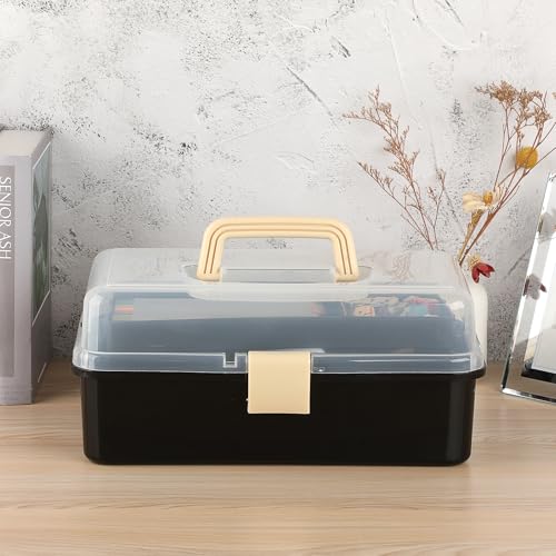 Image of BTSKY 3-Layer Plastic Dividing Storage Box Craft Organizer and Storage | Portable Handled Art Supply Organizer with Adjustable Spacers Multipurpose Home Utility Box for Medicine Sewing(Black+Beige)