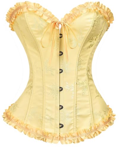 ADELCE Womens Lace Up Corset Boned Floral Overbust Shapewear Lingerie Bustier Bodyshaper Top Yellow Iris S