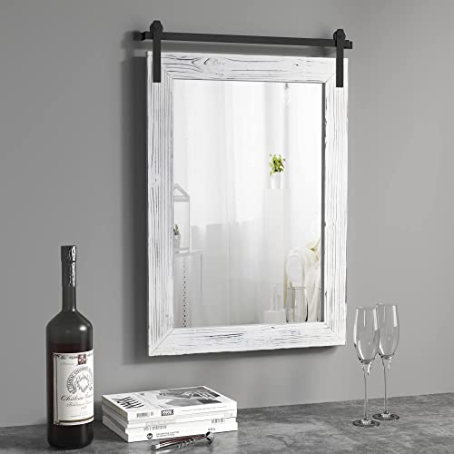 Image of COGOOD Farmhouse Barn Door Mirror - 26 inch X 17 inch Rustic Wood Framed Wall Mirror for Bathroom, Living Room, Entryway Wall Decorative (White)