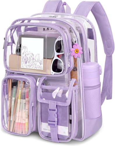 Clear Backpack for School Heavy Duty PVC Transparent Bookbag with Reinforced Straps Stitches Clear Bag for Stadium Events Girls Boys Large Capacity Backpack for Security College Work - Purple