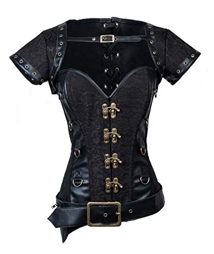 Charmian Women's Spiral Steel Boned Steampunk Retro Brocade and Leather Overbust Corset with Jacket and Belt Black Large