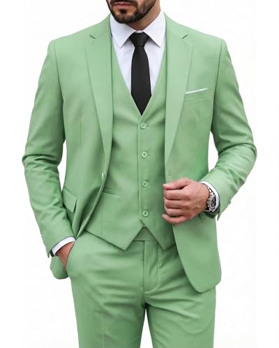 Image of MY'S Men's 3 Piece Suit Set with Tie, One Button Slim Fit Solid Jacket Vest Pants, Prom Party Wedding Business Suits for Men