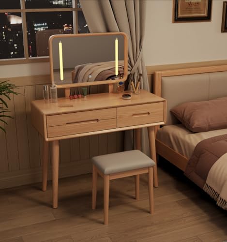 Image of Soild Wood Vanity Table 38 IN with Light Mirror High Adjustable, Make Up Desk Large Dressing Table 3 Lighting Modes, Makeup Vanity 3 Drawer Dresser Vanity Table Wooden for Checkroom Apartment Bedroom