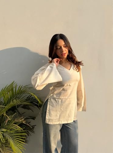Image of ANNI Designer Short Kurti for Women Solid Design | V Neck Full Sleeve Kurti Tops for Women | Stylish Kurtis & Short Kurtis for Woman | Casual Kurti with Jeans | Kurtas for Woman