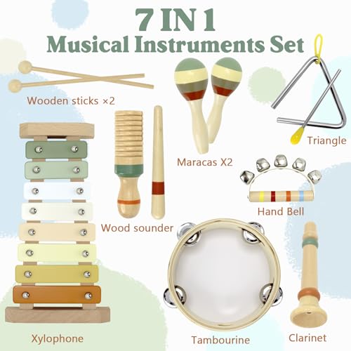 Baby Musical Instruments Montessori Wooden Toys for Toddlers, Neutral Colors Percussion Instruments Set, Modern Boho Xylophone Tambourin - Image 4