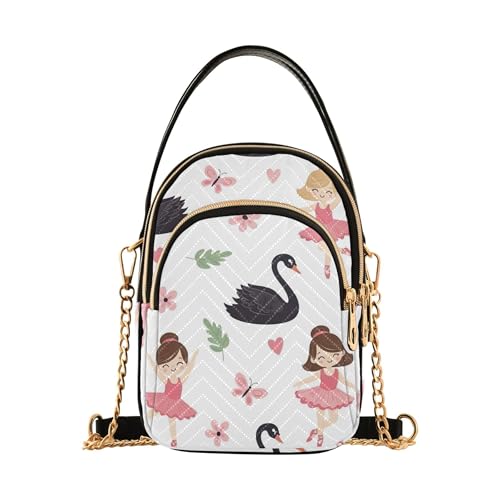 Cute Cartoon Ballerina White Women Single Shoulder Purse Chain Strap Cell Phone Purse Floral Print Designer Clutch Ladies Zipper Tote, 5.9
