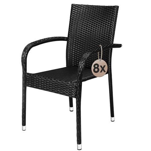 Casaria® Lot de 8 Chaise Salle a Manger en Polyrotin Noires Empilable pour Terrasse et Balcon, Idéal comme Salon de Jardin Exterieur Design ou comme Salon de...