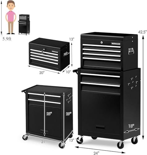 Image of Goplus 6 Drawers Tool Chest, 2-in-1 Rolling Tool Box with Universal Lockable Wheels, Protective Liner, Detachable, Auto Lock, Metal Tool Storage Cart, Heavy Duty Tool Cabinet for Garage Shop