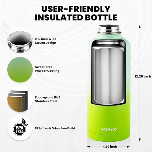 Image of RAYMYLO Insulated Water Bottle 87 oz, Triple Wall Vacuum Stainless Steel (Cold for 48 Hrs), Leak Proof & Non-BPA, Modern Water Flask Jug with Paracord Handle & Straw Spout Lids, Ombre Green