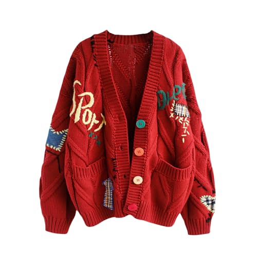 Yrkcah Women Cardigans Knitted Graphic Long Sleeve Jumpers V-Neck Button Sweaters Tops with Pockets Red