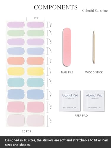 AutyaMee Semi Cured Gel Nail Strips (Colorful Sunshine), Macaroon, 20 Pcs Gel Nail Wraps, Stickers, UV Light Required, Salon Quality, Long Lasting