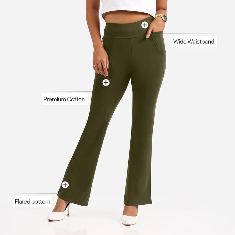 Image of Blissclub AM:PM Cotton Flare Pants for Women Above 5'5 ft Tall | Wide Waistband, 4 Pockets | Bell Bottom Pants and high Waist Trousers for Office wear