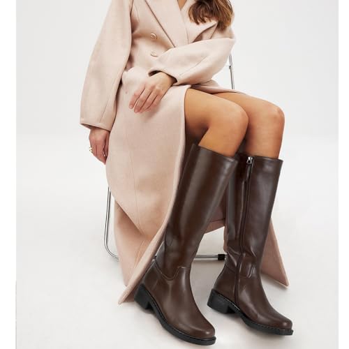 Image of Dsevht Black Knee High Boots for Women Faux Leather Elastic Low Heel Round Square Toe Side Zipper Fall Long Tall Boot