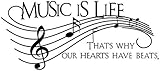 DNVEN Music is Life That's Why Our Hearts Have Beats Wall Decals Inspiring Quotes Sayings Lettering Vinyl Stickers Murals for Bedrooms Kids Rooms Nursery Black 51 inches x 22 inches