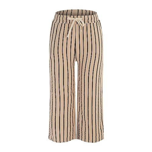 Women Cotton Linen Palazzo Pants Casual Stripe Print Pants Elastic Waist Loose Wide Leg Pants Stretch (Khaki, L)2