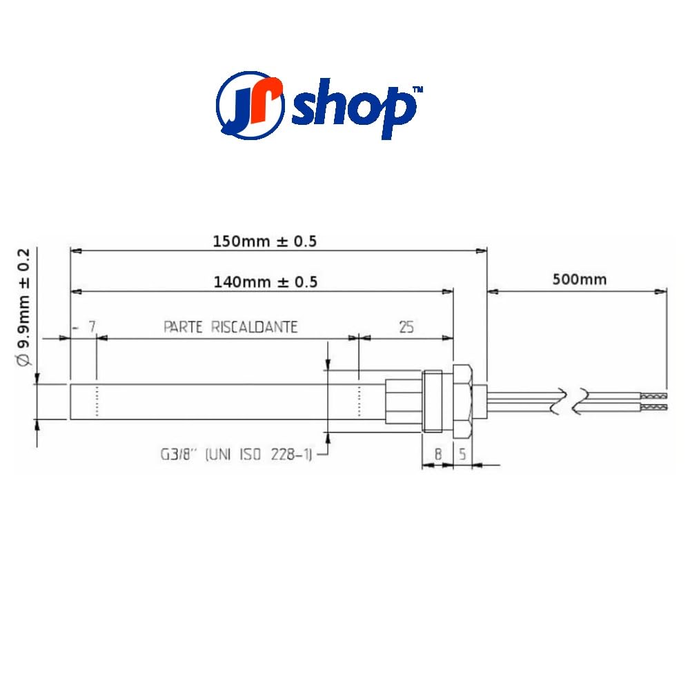 Resistenza Accensione Candeletta per Stufa a Pellet 280W, Diametro 9,9mm Lunghezza 140mm (150mm Totali) Filettatura 3/8"