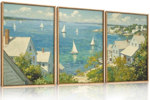 BICERE Large Coastal Sailboat Framed Canvas Wall Art Set,Summer Seascape Wall Decor,Nautical Blue Ocean Art Prints,Nature Beach Artwork for Living Room,Bedroom,Dining Room,Office-24 x36 x3