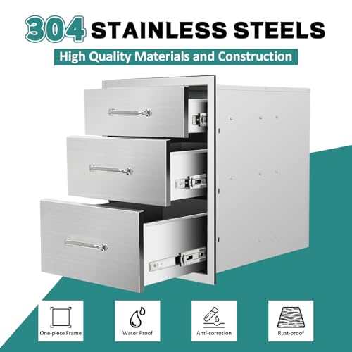 Image of Outdoor Kitchen Drawers 18''Wx 23''H x 23''D Stainless Steel Drawer BBQ Triple Drawers with Chrome Handle for Outdoor Kitchen Island, Patio Grill Station
