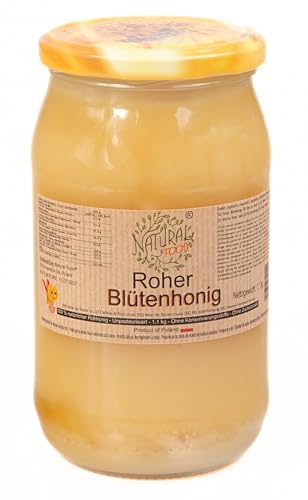 Natural-Food - Roher Mehrblütenhonig direkt vom Imker - Blütenhonig - Ungefiltert, ungeschleudert, unerhitzt - Von Bienen hergestellt - Ohne Zusatzstoffe - 1,1kg