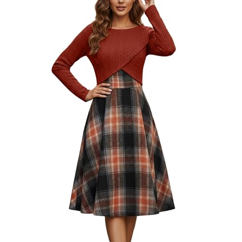 Generisch Kleid Damen Langarm Strickpullover Retro Karierte Midikleid Set 2-Teilig Modisch Freizeitanzug Elegant Zweiteiler Cami Kleid und Pullover...