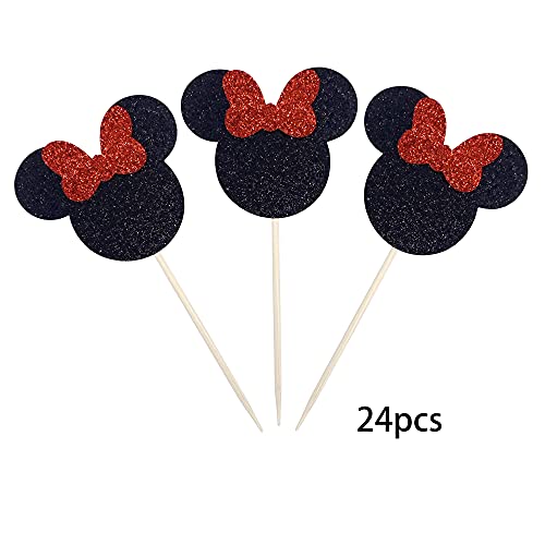 24 Pcs Black And Red Mouse Inspired Cupcake Toppers With Bow Glitter Mini Cupcake Picks Decorations For Baby Shower Wedding Kids Birthday Party Supplies #TOP2