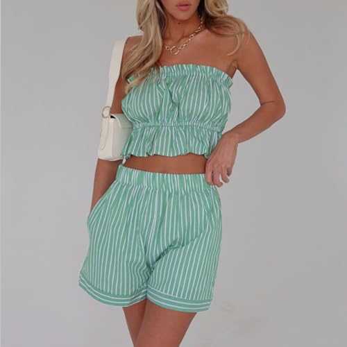 Image of Yuemengxuan Women Shirred Top Shorts Summer Outfits Set 2 Piece Striped Pajamas Set Sleeveless Ruched Bandeau Tube Top Shorts