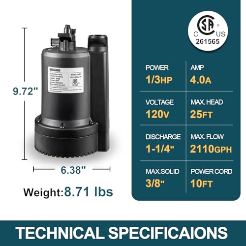 Wassermann WAS-61302 1/3Hp Utility Pump 2100Gph Thermoplastic Sump Pump Submersible Water Pump With 10Ft Cord, Electric Portable Water Pump For Swimming Pool Hot Tubs Garden Pond Draining Basement thumb #1