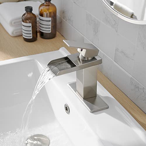 Bathlavish Waterfall Bathroom Sink Faucet Brushed Nickel Vanity Single Handle One Hole Basin Modern Lavatory Faucet Commercial Deck Mount #TOP2