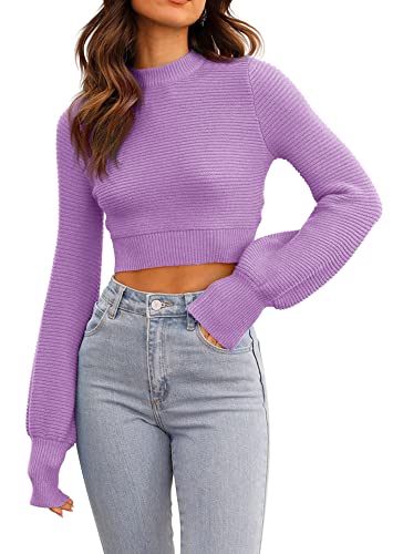 Image of Womens Sexy Crew Neck Cropped Sweaters Knit Long Sleeve Crop Tops Pullover | Ribbed Knit, Long Sleeve, Crop Tops, Pullover,Crew Neck