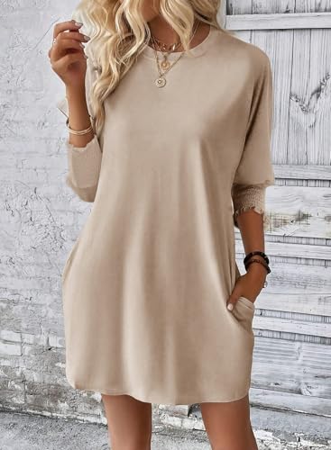 Image of Dokotoo Womens Dresses 2025 Spring 3 /4 Sleeve Fashion Dresses Crewneck Casual Mini Dress with Pockets S-XL