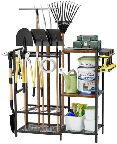 Homsorout Garden Garage Tool Organizer - with 3-tier Shelves, Yard Tool Organizer for Garage with 4 Hooks, Heavy duty Steel Garden Tool Rack Holds up to 48 Long Handled Yard tools for Storage