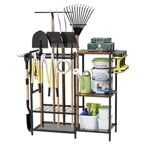 Garden Garage Tool Organizer – with 3-tier Shelves, Yard Tool Organizer for Garage with 4 Hooks, Heavy duty Steel Garden Tool Rack Holds up to 48 Long Handled Yard tools for Storage