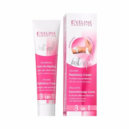 Eveline Cosmetics Just Epil Crema Depilatoria Corpo Ultradelicata Pelli Sensibili 3in1 Per Gambe, Braccia, Ascelle E Zona Bikini Da Donna | 125 ml | Depilazione Rapida E Indolore | Facile Da Usare