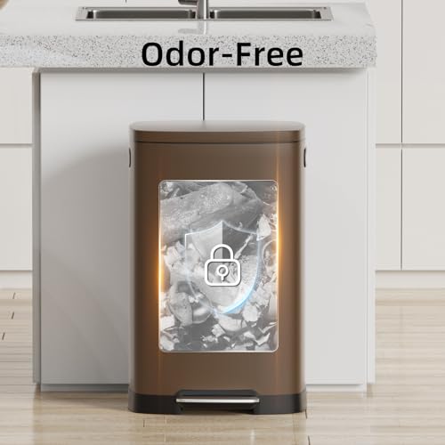 Image of KUK 13 Gallon Kitchen Trash Can with Lid, 50L /13Gal Office Step Garbage Can for Home, Kitchen, Laundry Room, Office, Brushed Stainless Steel, Brown