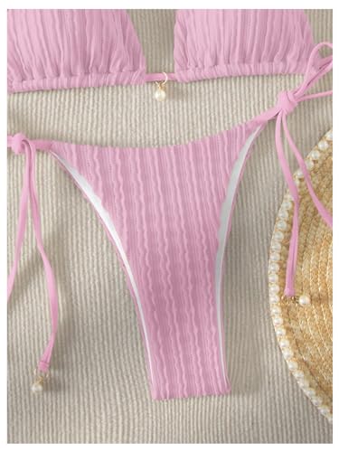 GORGLITTER Women's Lace Bikini Set Striped Bow Two Piece Swimsuit Halter Triangle Top Ring Linked Bathing Suit4