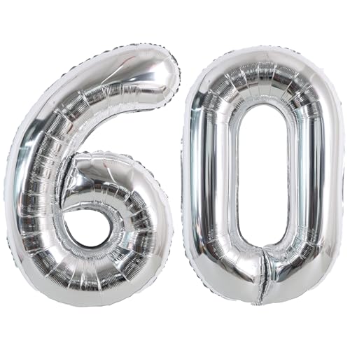 Image of TONIFUL 40 Inch Silver Number 60 Balloons Large Foil 60th Birthday Decor | Silver 60 Balloon Number Sixty for Sixty Birthday Party 60th Anniversary, Silver Birthday Decorations for Men Women