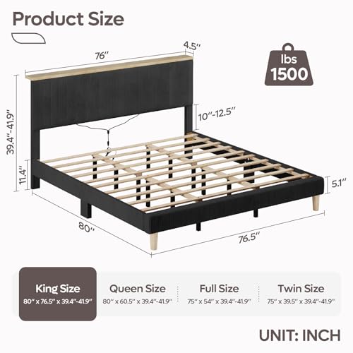 Image of Bestier King Bed Frame with Storage Headboard & LED, Upholstered, Black