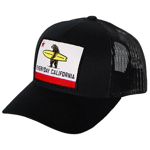 Everyday California 'Shores' Snapback Black Surf Hat - Mesh Trucker Hat with Flag Patch Cover