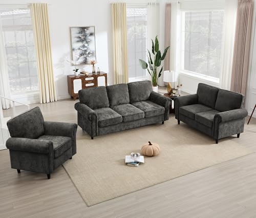 Image of Kingfun Loveseat 2&3 Seater Couch with Chair, Mid Century Modern Chenille Sofa Set with Rolled Arms and Deep Seats, Fluffy Comfort for Living Room, Apartment, Easy Assembly, Grey