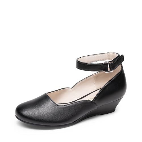 DREAM PAIRS Girls Dress Shoes Low Wedge Heels Ankle Strap Wedding Flower Party Pump for Toddler Little Big Kid 13 Little Kid All Black
