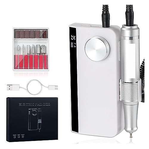 Lima Uñas Electrica, Taladro de uñas Recargable de 35000RPM, máquina de manicura con Modo de Pausa, lijadora eléctrica de uñas for Esmalte de uñas en Gel, Equipo de salón de uñas(Bianco)