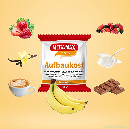 MEGAMAX Aufbaukost in 4 verschiedenen Geschmacksrichtungen. Ideal zur Kräftigung und bei Untergewicht. Pulver zur einfachen Zubereitung eines fettarmen Kohlenhydrat-Eiweiß-Getränkes.