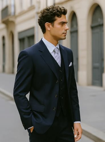 Mens 3 Button Vested Basic Wool Feel Suit in Navy3