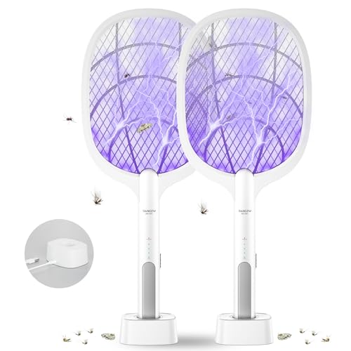 Matamoscas eléctrico WD-947 (2 unidades), 2 en 1, 4000 V, recargable, con base de carga, matamoscas eléctrico para mosquitos, moscas, abejas, polillas