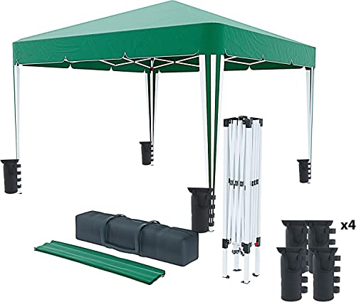 Gazebo 3 x 3 M Pieghevole Idrorepellente Struttura Acciaio Copertura 160 gr/m² Con 4 Sacche Per Pesi E Sacca Di Trasporto Chiusura A Fisarmonica Da Giardino Campeggio Esterno Piscina Fiere (Verde)