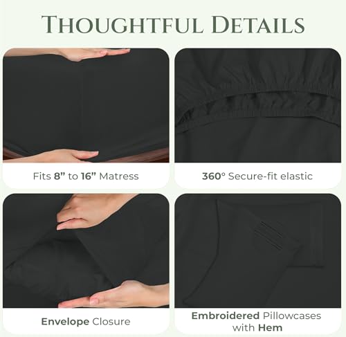Image of ROYALE LINENS 100% Organic Cotton King Sheet Set - 16 inch Deep Pocket Bed Sheets - Eco Friendly Black Bed Sheets - Sabanas King - 1 Flat, 1 Fitted & 2 Pillowcases - Black Sheet Set - Cotton Bedding Sets