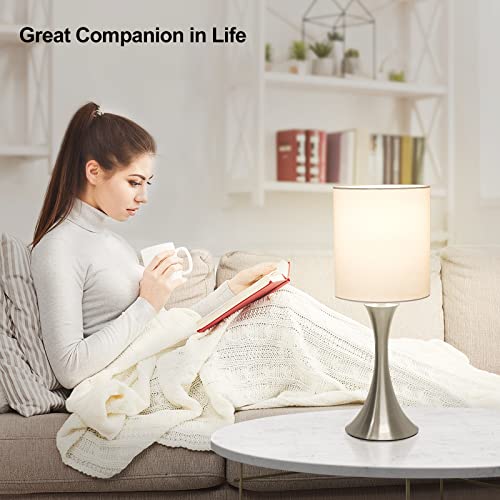 Touch Control Table Lamp, 3-Way Dimmable Bedside Lamp for Living Room, Modern Nightstand Lamp for Bedroom, Silver Table Lamp with White Shade, Desk Lamp for Dorm, Home, Office, 3000K LED Bulb Included