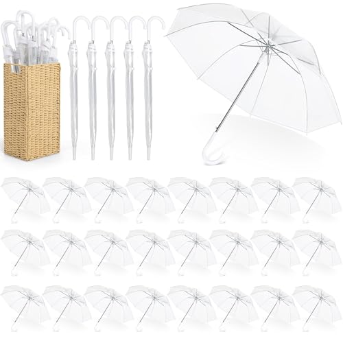 Aodaer 30 Pieces Clear Wedding Umbrellas with Foldable Storage Box Transparent Auto Open Stick Umbrellas Windproof Large Canopy Umbrella with J Hook Handle for Outdoor Activities Wedding Photography